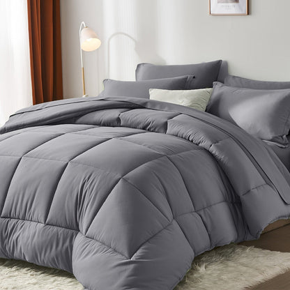 Comforter Set Soft Breathable Microfiber Bed in a Bag with Fitted Sheet Flat Sheet Pillowcases & Shams – All Season Fluffy Checkered Bedding Set Twin Full Queen King