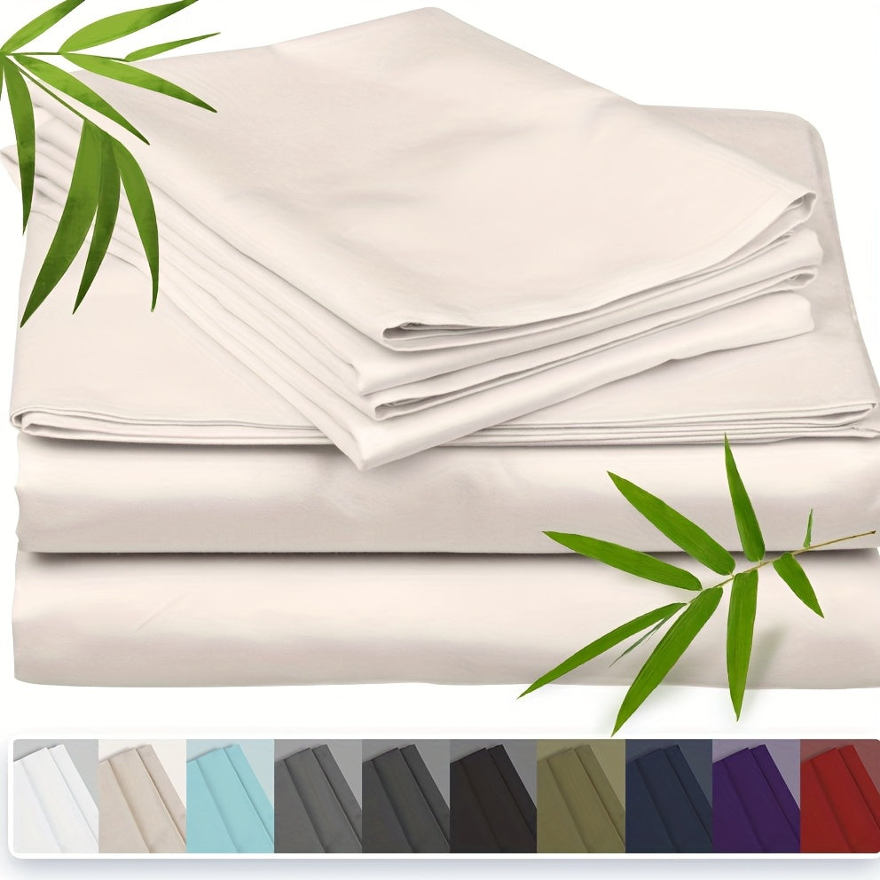 Three-Piece Bamboo Fiber Fitted Sheet Set with Pillowcases in Eight Size and Color Options for Bedrooms
