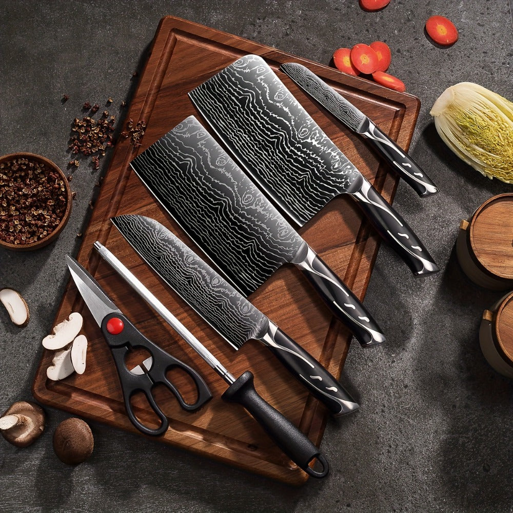 Kitchen Knife Set 7-Piece Damascus Pattern Stainless Steel with Universal Knife Block Holder – Chef Knife, Fruit Knife & Safety Knives Included, Non-Slip Handle
