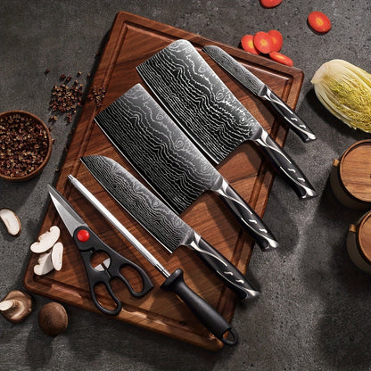 Kitchen Knife Set 7-Piece Damascus Pattern Stainless Steel with Universal Knife Block Holder – Chef Knife, Fruit Knife & Safety Knives Included, Non-Slip Handle