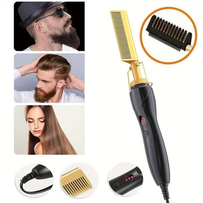 Electric Hot Comb Hair Straightener with Gold Titanium-Alloy Teeth, Detachable Guard and Adjustable Heat Controls