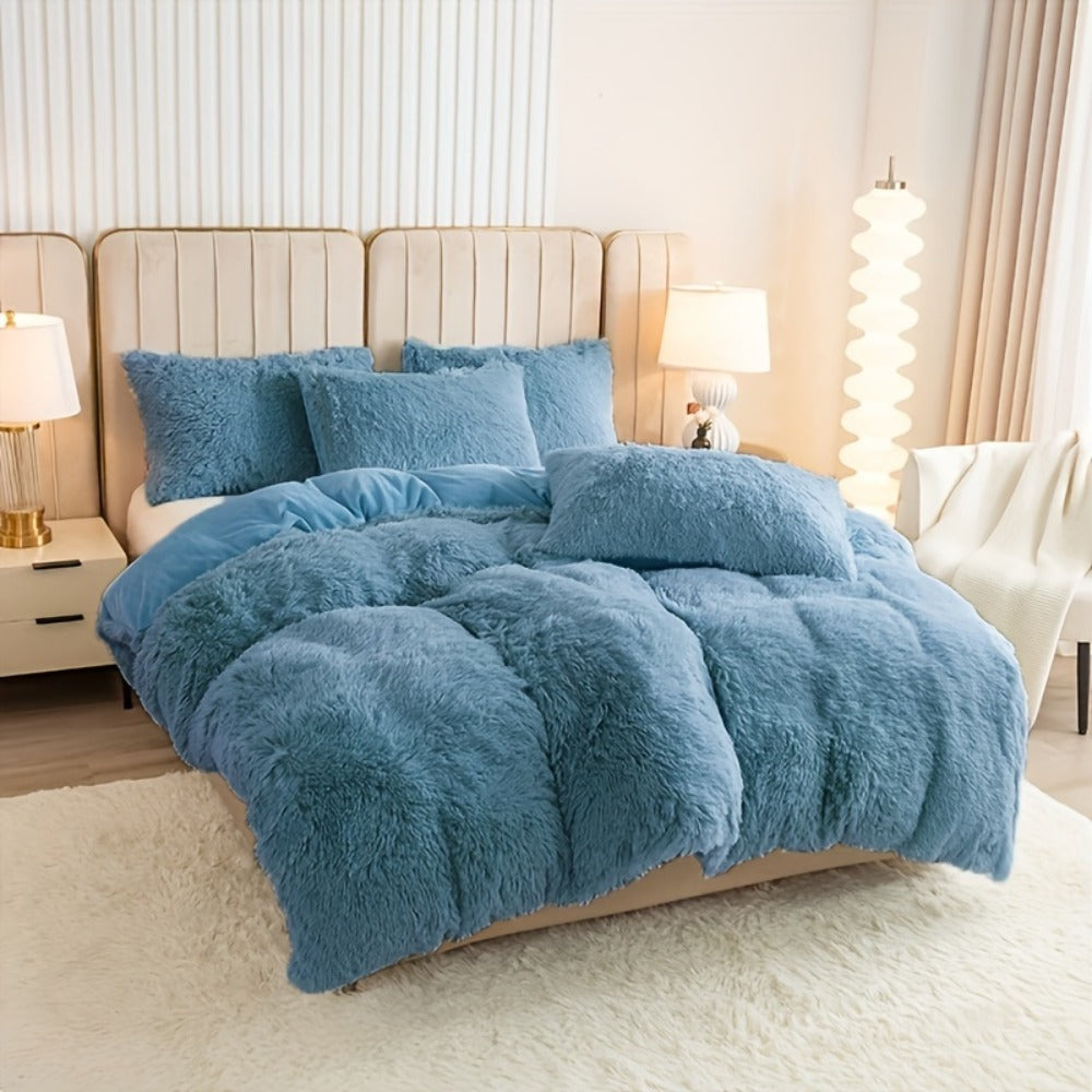 Three-Piece Plush Polyester Duvet Cover Set with Two Pillowcases in 14 Colors and Twin, Full, Queen or King Sizes