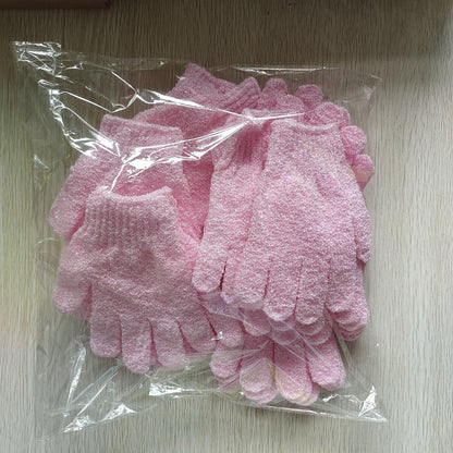Twenty-Piece Rose-Red Exfoliating Shower Glove Set with Textured Five-Finger Mitt Design Pictured
