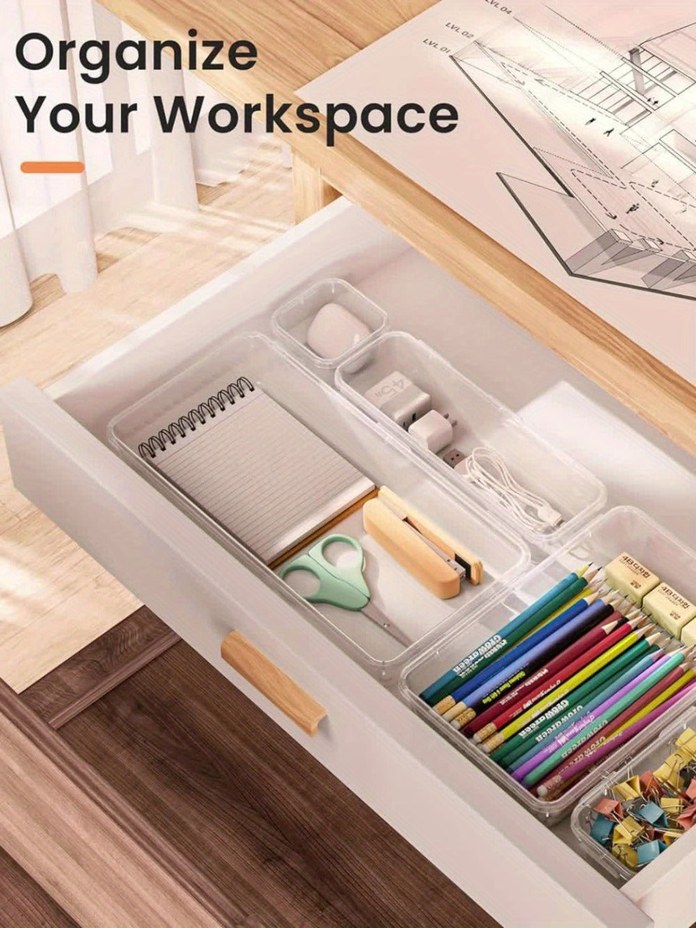 Drawer Storage Organizer Set 25-Piece Transparent PET Boxes for Vanity, Desk and Dresser Use