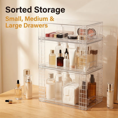 Stackable Bin Storage Organizer 3 or 4-Piece Clear Plastic Set with Lids and Handles in Mixed Sizes