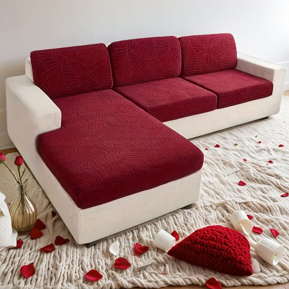 Sofa Cover Set, Six-Piece Leaf Jacquard Stretch Slipcover with Elastic-Band Edges in Eight Colors