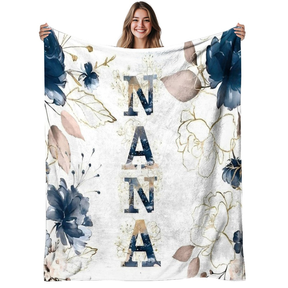 NANA Floral Letter Print Flannel Blanket in White with 30 x 40, 40 x 50 or 50 x 60-Inch Size Options