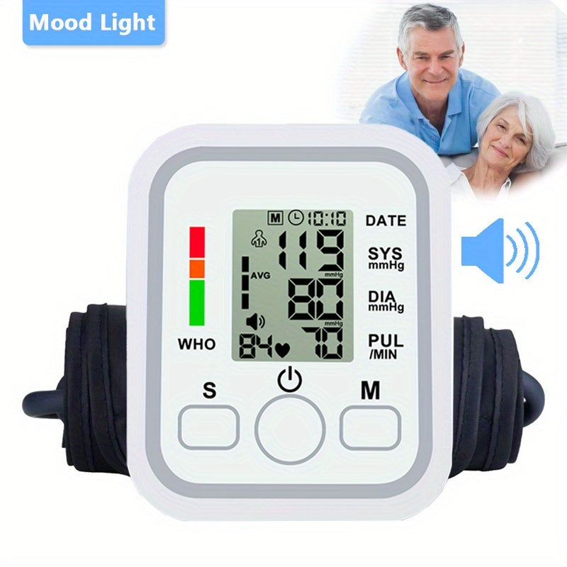 Blood Pressure Monitor by MOOD LIGHT, Upper-Arm LCD Device with Voice, Dual-User Memory and Adjustable Cuff