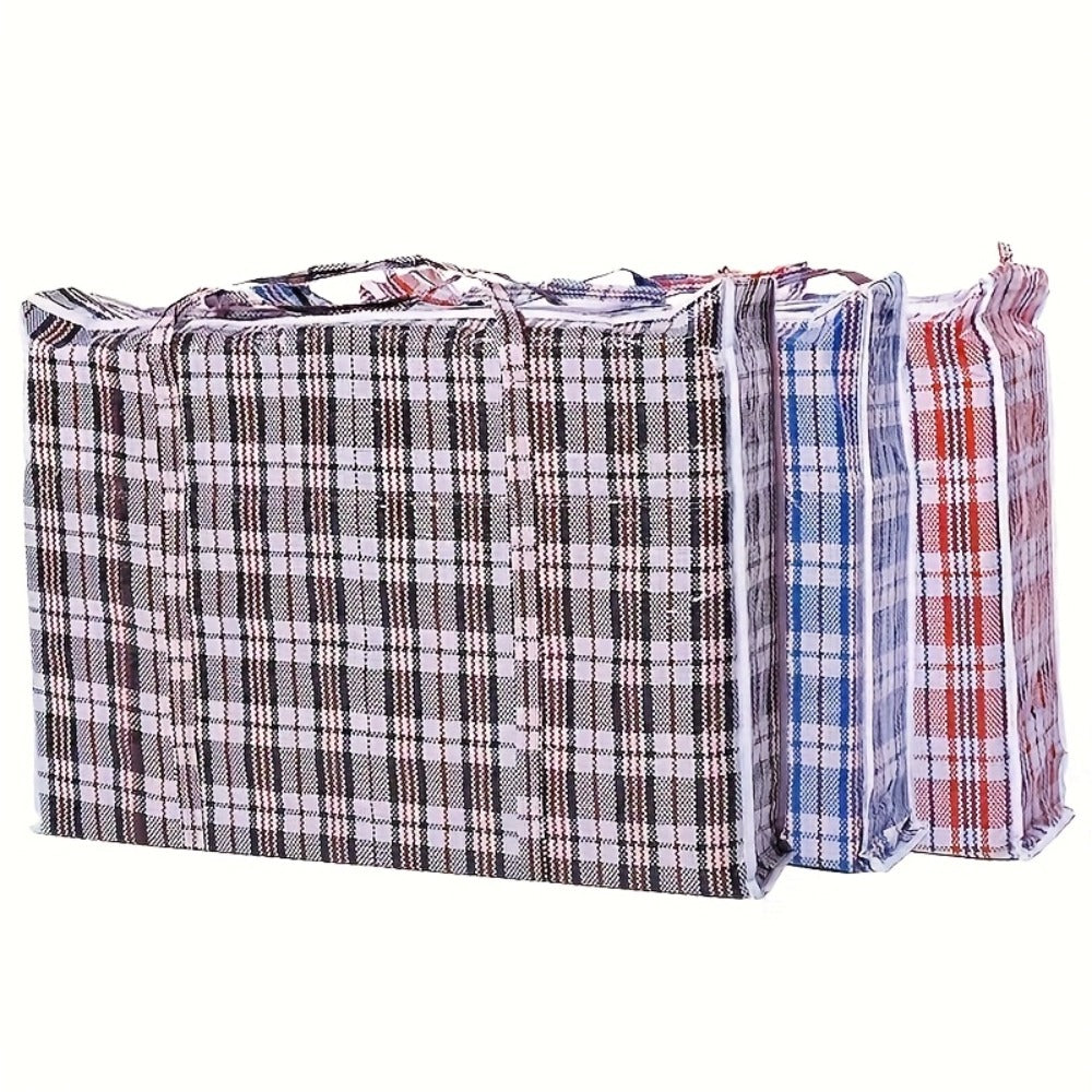 Storage Bag Set, 3-Piece Checkered Fabric Moving Organizers with Zipper Closures, Carry Handles and Foldable Design