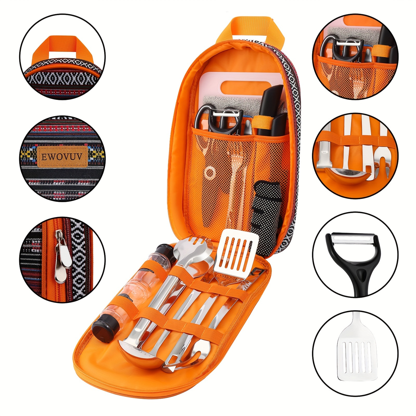 Camping Cookware Set, 17-Piece Bohemia Pattern Camp Kitchen Utensil Kit with Knives, Flatware and Organizer Case