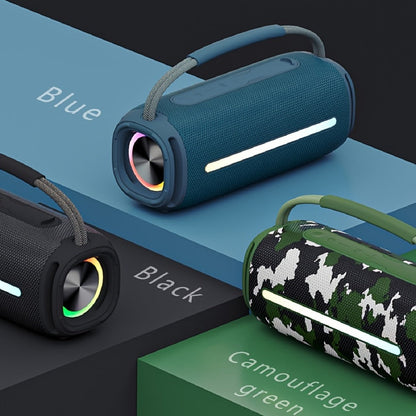 Portable Cylindrical Speaker in Black, Blue or Green with Carry Handle, Dual Light Bars and End-Ring Lighting