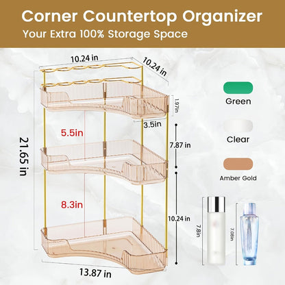 Corner Countertop Bathroom Organizer with 2- or 3-Tier Trays, Brush Rings and Four Color-Style Options