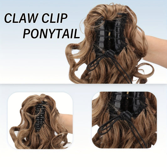 Scroll Curl Claw Clip Ponytail Extension Gradient Color 16 Inch | Synthetic Heat Resistant Hairpiece 5 Colors Linen Brown Golden Grey for Women Daily Wear & Special Occasions