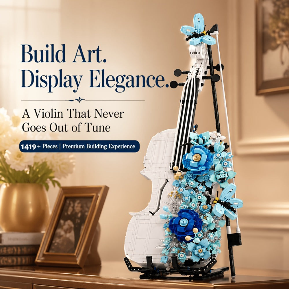 1419-Piece Flower Violin Building Block Model with Brick-Built Stand, Blue Blooms and Panel Detail