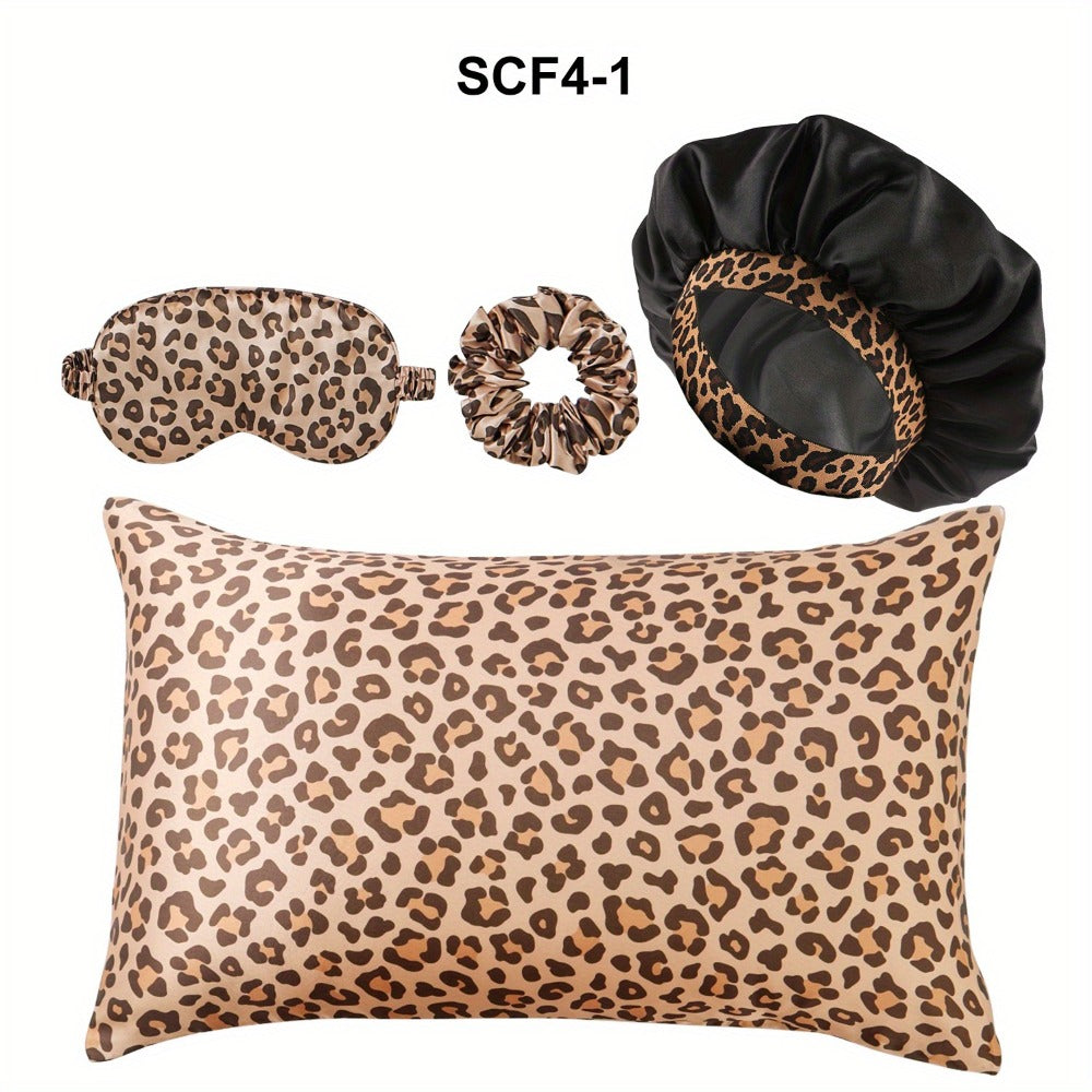 Four-Piece Leopard Print Pillowcase and Sleep Accessory Set with Three Exact Standard-Size Patterns