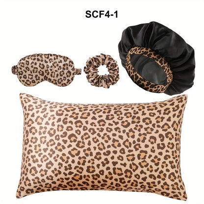 Four-Piece Leopard Print Pillowcase and Sleep Accessory Set with Three Exact Standard-Size Patterns