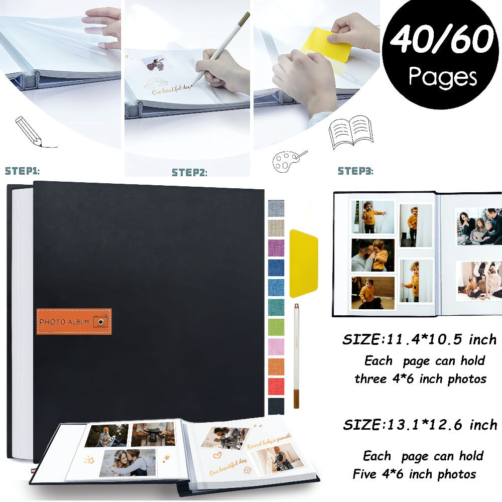 Self-Adhesive Linen Photo Album with 40- or 60-Page Options, Two Cover Sizes, Metal Pen and 12 Colors