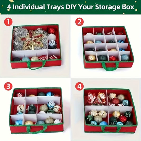 Christmas Ornament Storage Box – Holds Up to 64 Holiday Ornaments, Adjustable Dividers, Covered Lid & Dual Handles, Clear Protective Container Keeps Decorations Safe, Clean & Dust-Free