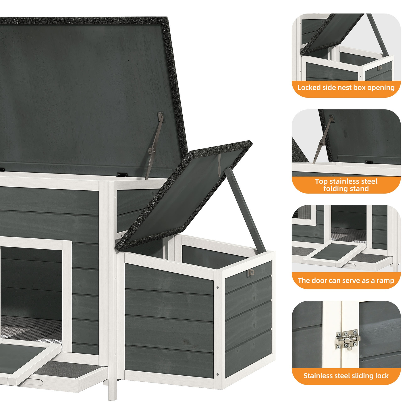 Wooden Hen House with 67in Frame, Two Nest Boxes, Ramp and Gray or Brown Two-Tone Outdoor Finish