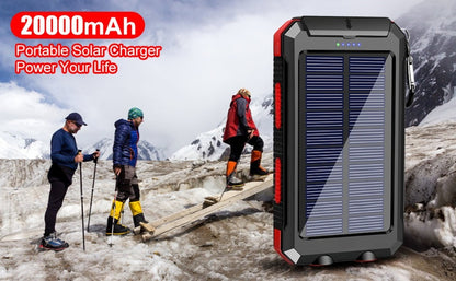 Solar Power Bank 20000mAh Outdoor Portable Charger with LED Flashlight SOS Compass & Carabiner Hook – Dual USB Waterproof Battery Pack for Camping Hiking Backpacking Emergency Survival Gear Gift