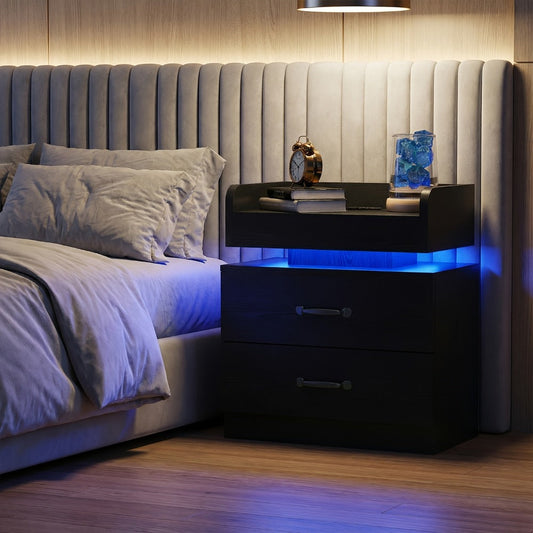 Bedside Table with Charging Station & LED Lights – Modern Wooden Nightstand with Drawer & Open Shelf | Black or White | 1pc or 2pcs Set | Bedroom Living Room End Table | Housewarming Gift