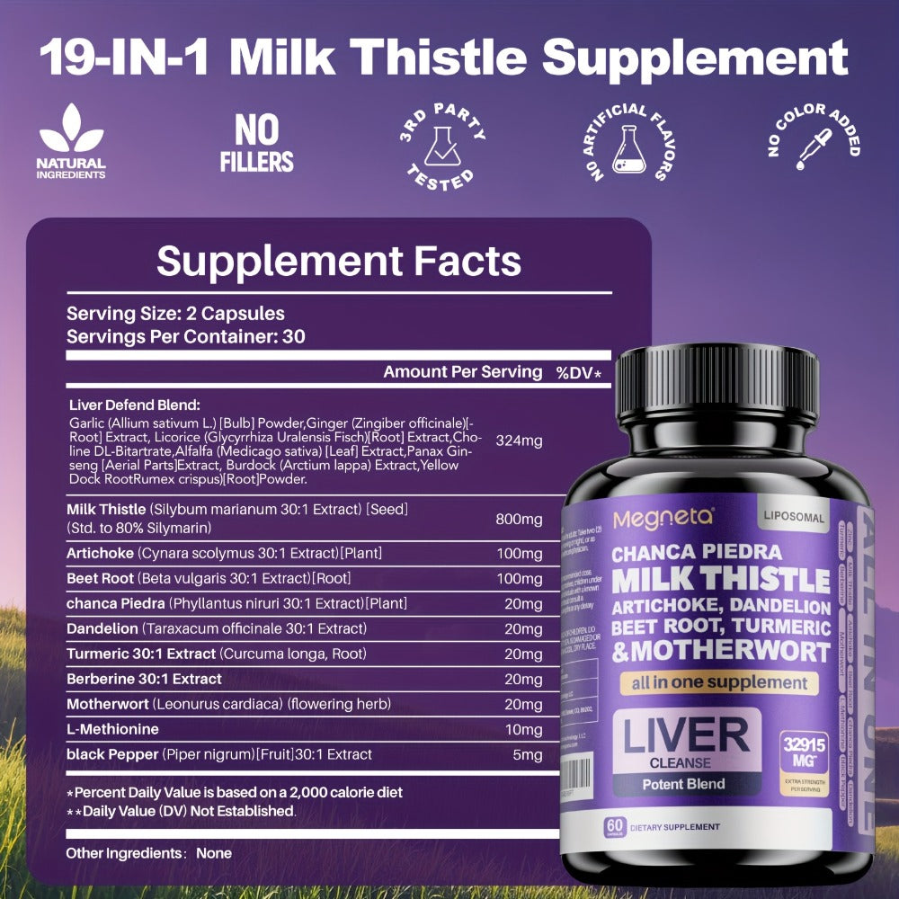 Dietary Supplement Milk Thistle, Turmeric and Dandelion Root Capsules, Source-Labeled 24,000mg Blend