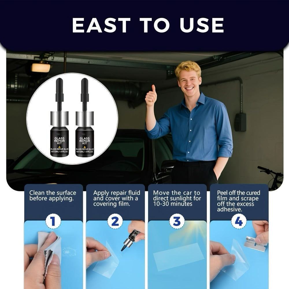 Windshield Repair Kit – 15-Min Quick Fix for Chips, Cracks & Rock Damage | Windshield Crack Repair Fluid with Curing Film, No Tools Needed