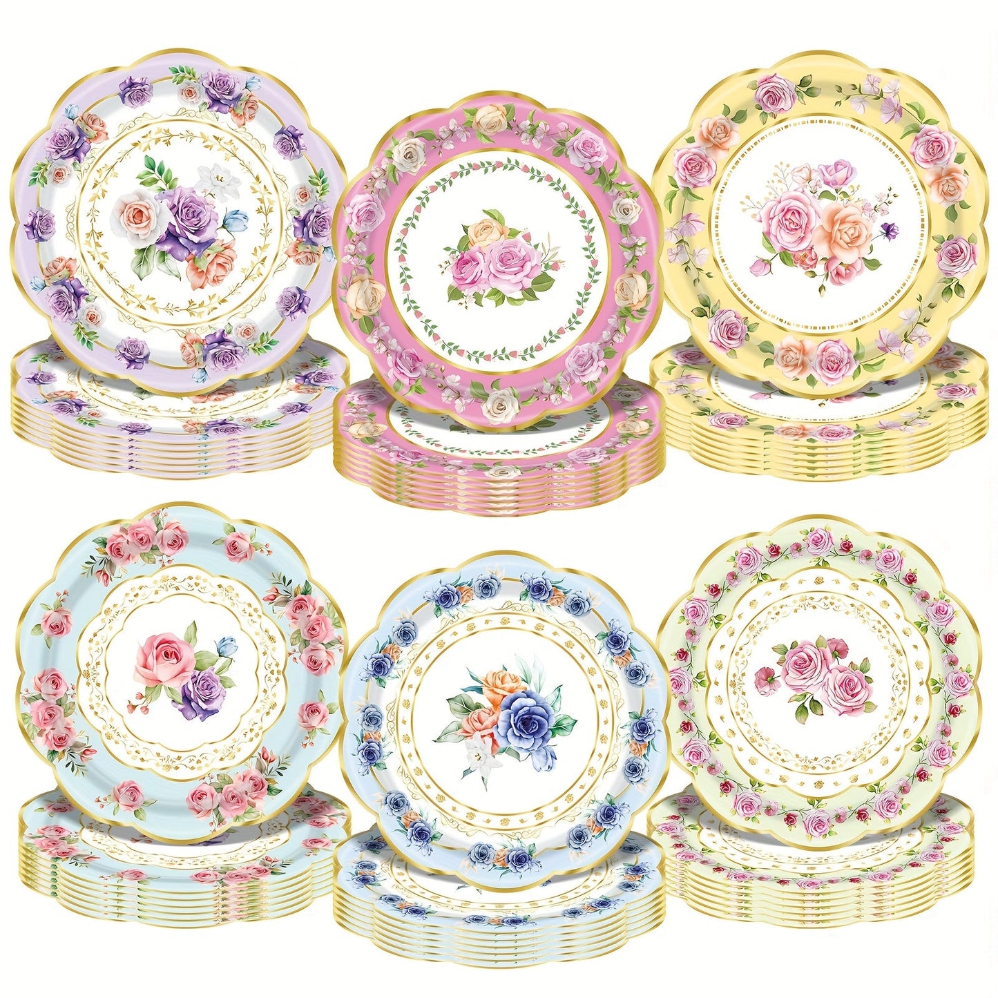Floral Paper Plate Party Supplies Pack with 48 Botanical-Print Plates in Six Coordinated Designs