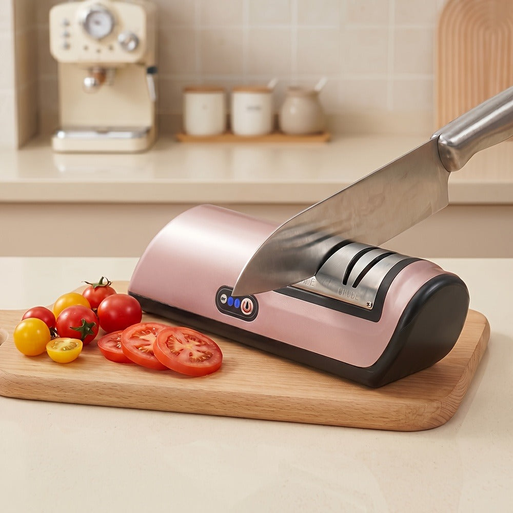 Two-Stage Electric Knife Sharpener in White or Pink with Two Extra Sanding Wheels Included