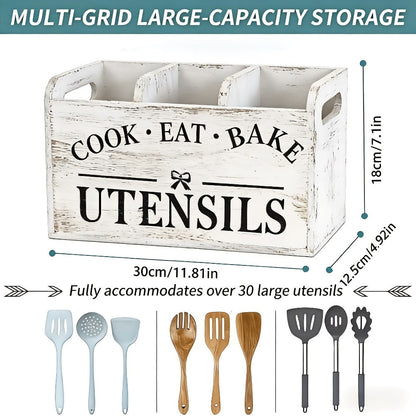 Three-Compartment Rustic-Look Kitchen Utensil Organizer in Grey White with Removable Top Panel
