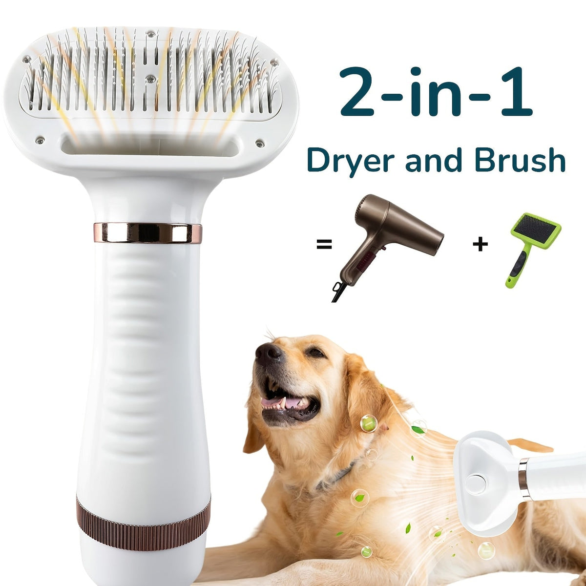 Pet Hair Dryer Brush, Two-in-One Blow Dryer and Self-Cleaning Slicker with Three Temperature Settings
