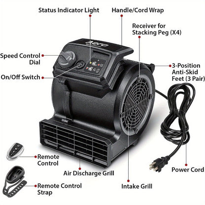 Air Mover Floor Dryer 550 CFM Portable Carpet Blower Fan for Water Damage Restoration Drying Cooling Floors Carpets Walls Remote Control and Manual Options