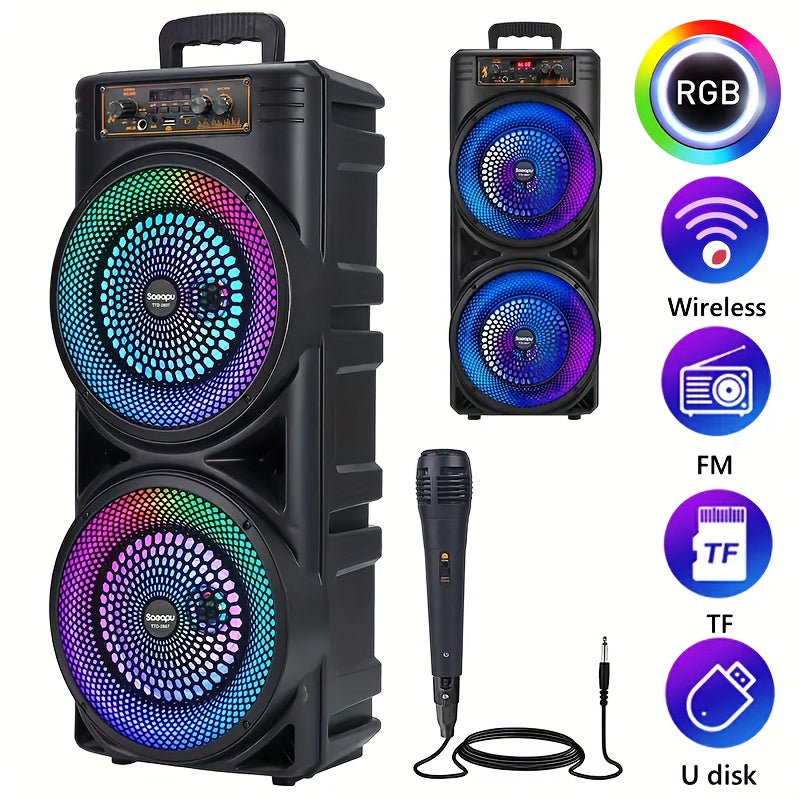 Dual 8.5-Inch Portable Party Speaker with RGB Lights, Bluetooth, TWS, FM, USB and Built-In Microphone