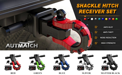 Shackle Hitch Receiver 2-Inch 68,000 lb Break Strength with 3/4" D-Ring & 5/8" Hitch Lock Pin – Heavy Duty Drop Forged Steel 8-Ton Vehicle Recovery Tow Hitch, Multi-Color