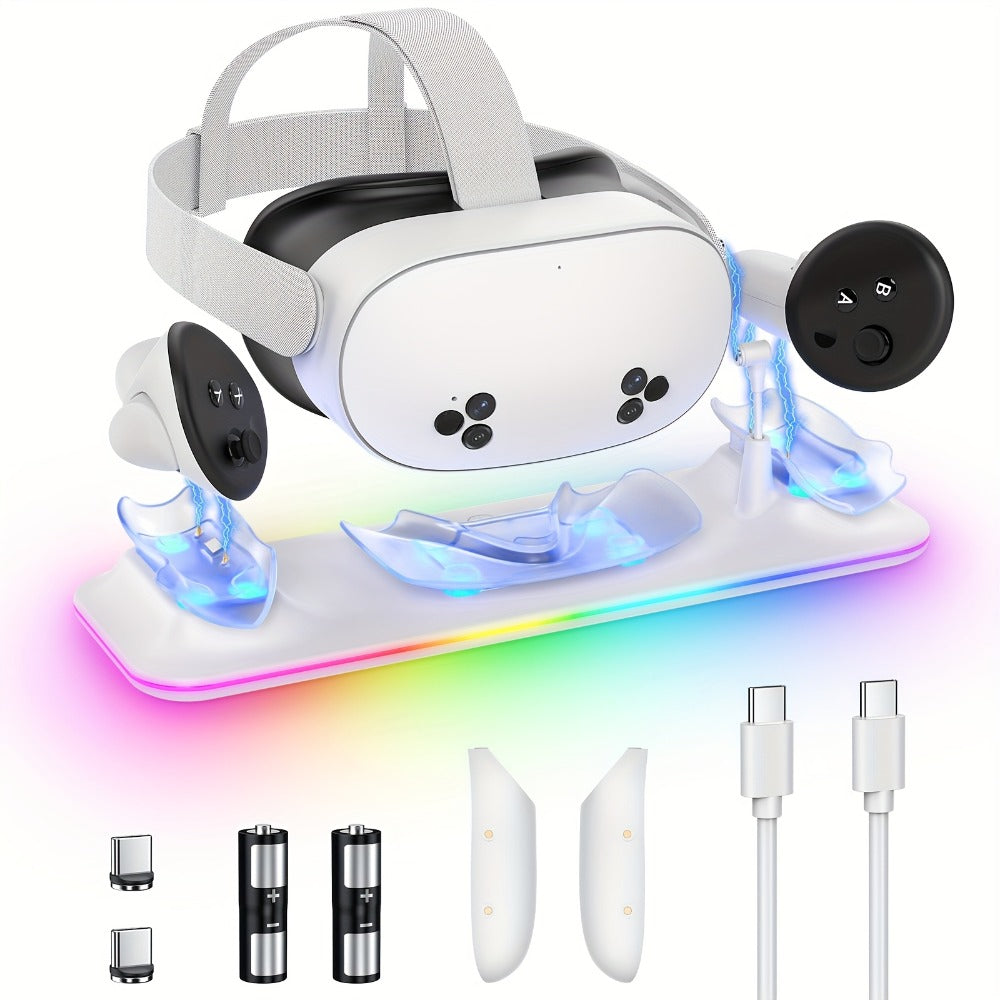 Meta Quest 3S / Quest 3 Charging Dock – PD 18W Fast Charging Station with RGB Light, Magnetic Charger Stand for Headset & Controllers, Includes 2 Rechargeable Batteries, Compatible with Oculus Quest 3S