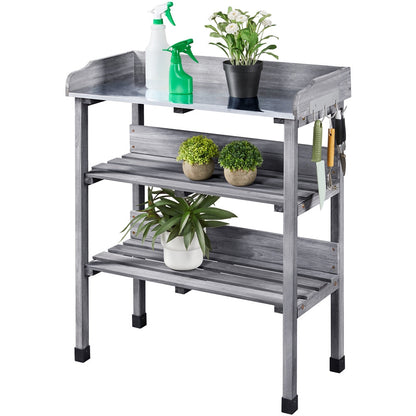 Rolling Potting Bench 3-Tier Wooden Garden Workstation Waist-High Galvanized Metal Top Lockable Casters Side Hooks Shelves for Outdoor Patio Gardening Storage