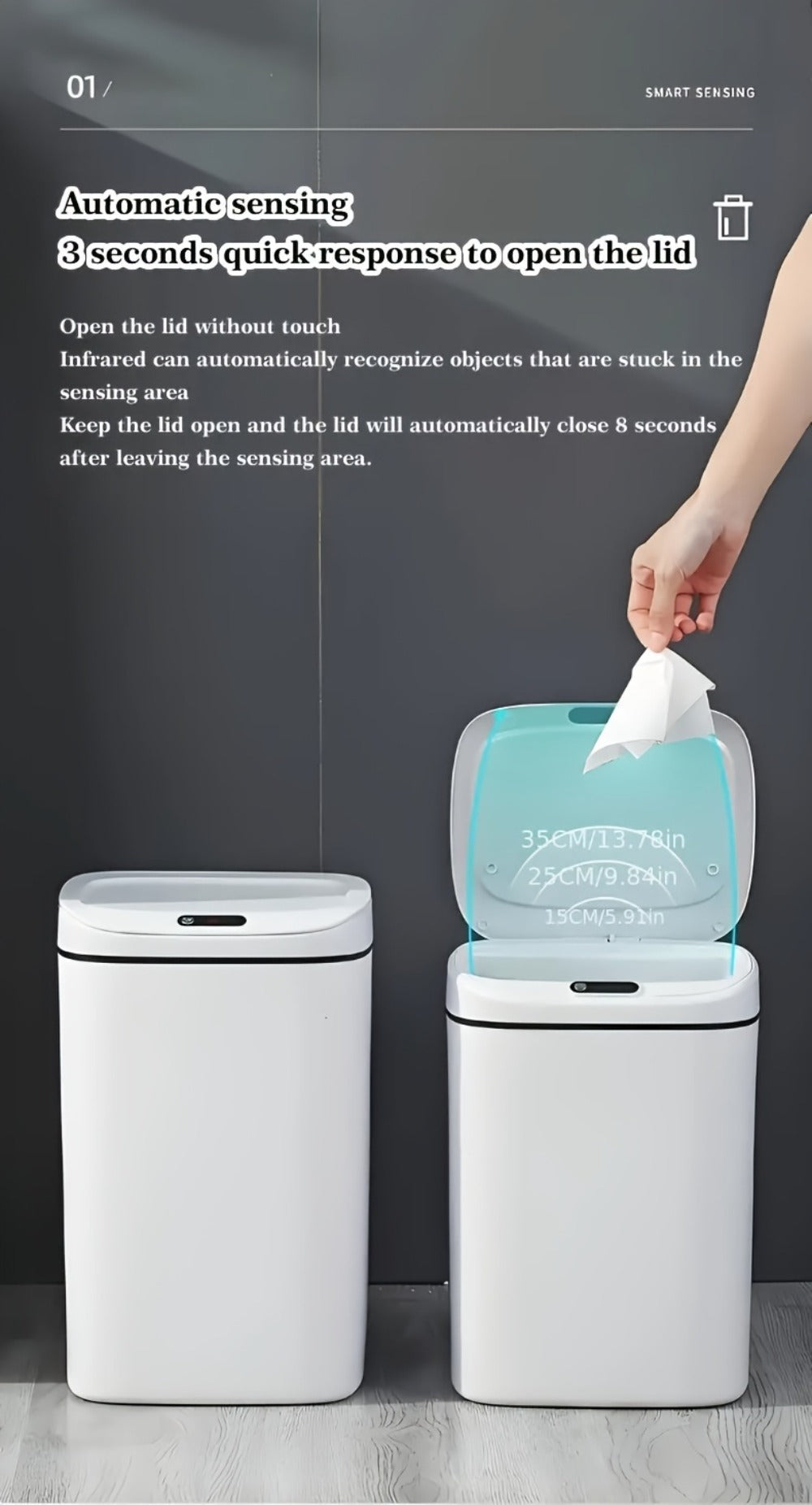 Motion-Activated Touchless Trash Can with Lid – Smart Sensor Waste Bin for Kitchen, Bathroom, Office & Home, Minimalist Rectangular Design, Battery Powered, 3-4 Gallon