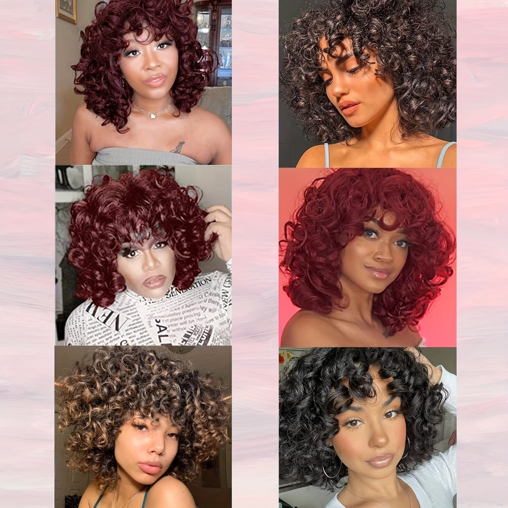 Kinky Curly Afro Wig with Bangs 14 Inch Synthetic Ombre 2 Tone Black Brown Golden Natural Volume | Daily Wear Hair Replacement Wig for Black Women