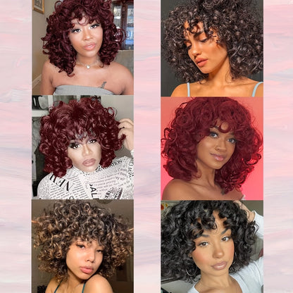 Kinky Curly Afro Wig with Bangs 14 Inch Synthetic Ombre 2 Tone Black Brown Golden Natural Volume | Daily Wear Hair Replacement Wig for Black Women
