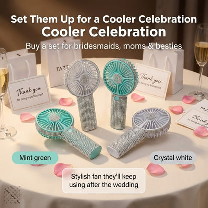Elegant Silvery Rhinestone Mini Handheld Fan with Type-C Charging, Round Grille and Decorated Handle