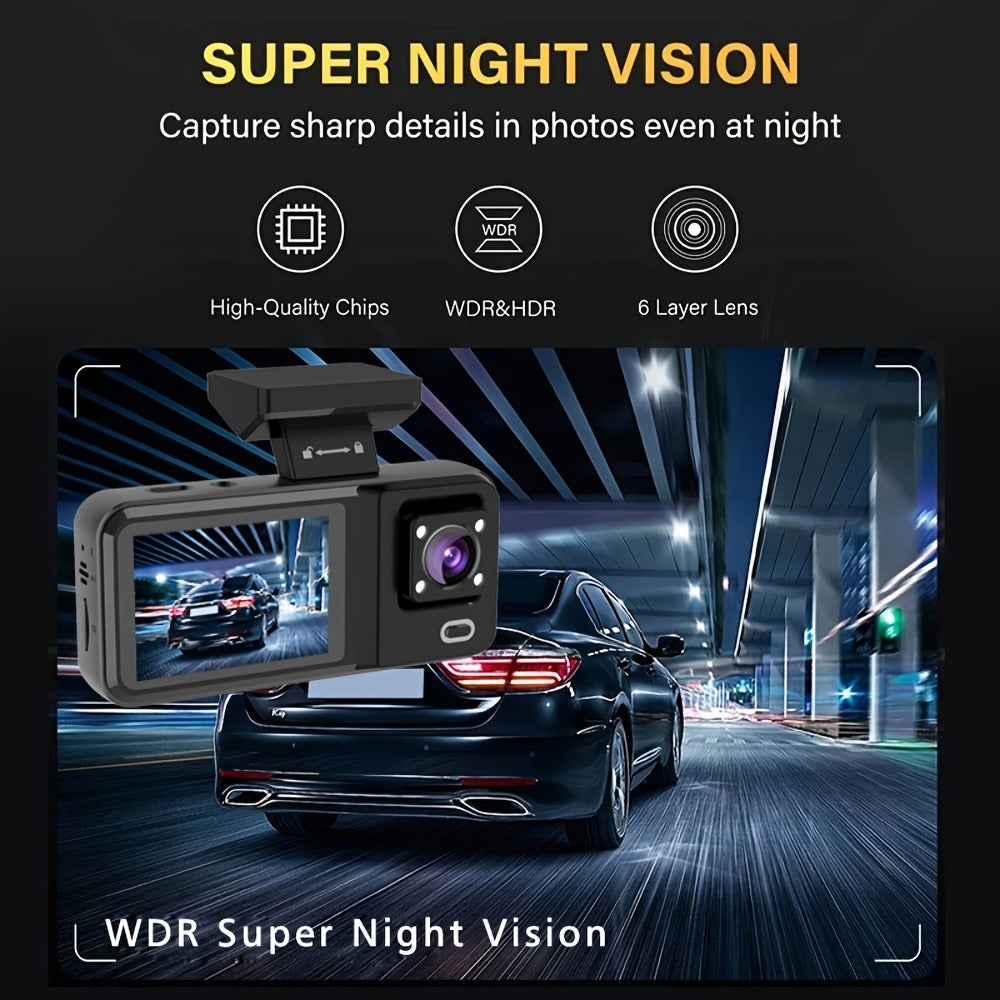 3 Channel Dash Cam Front Rear Inside 1440P+1080P+1080P with 64GB SD Card, Super Night Vision, Loop Recording, G-Sensor, Motion Detection, 24-Hour Parking Mode