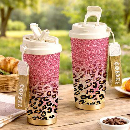 Glitter Leopard Print 18oz Stainless Steel Tumbler with Fold-Down Straw Lid and Carry Strap