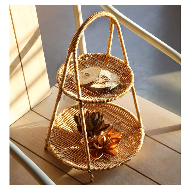 Tiered Serving Tray Rattan Style Round Multi-Layer Fruit Snack Display Stand for Parties Weddings Buffets Nuts Desserts Space-Saving Elegant