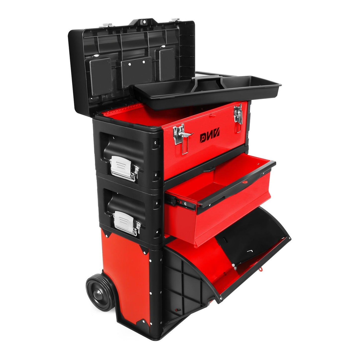Rolling Tool Box 3-Tier Stackable Portable Toolbox with Wheels 19.5x12x28.5 Inch Steel PP 3-in-1 Detachable Compartments Metal Latches Extendable Handle for Home Workshop Garage Job Site