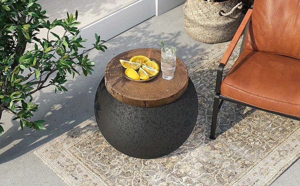 Outdoor Side Table 17-Inch Concrete Design with Wood-Look Finish in Black, Hourglass or Small Options