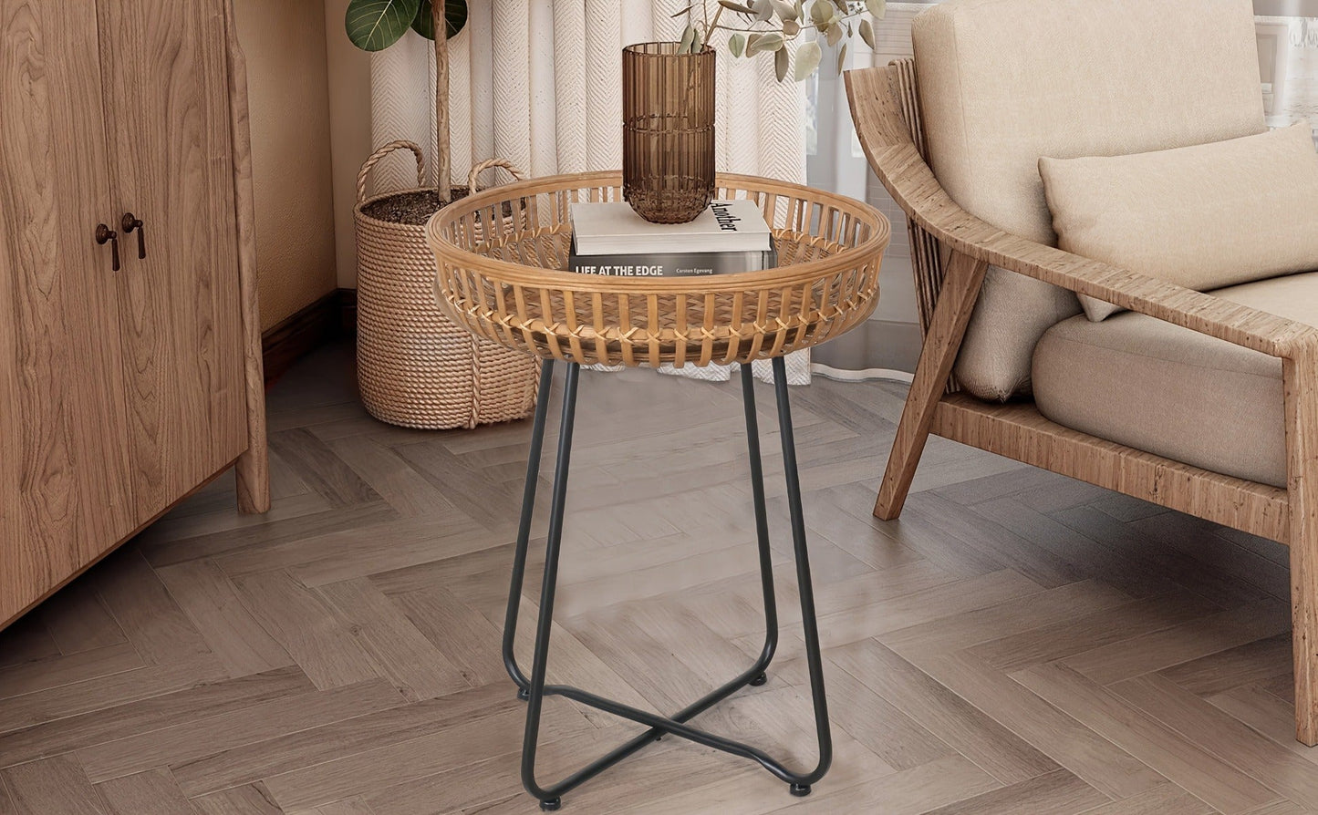 Rattan Side Table Nesting Tables Set of 2 Round Boho End Table Natural Bamboo Woven Coffee Table Metal Base for Living Room Bedroom Sofa Terrace