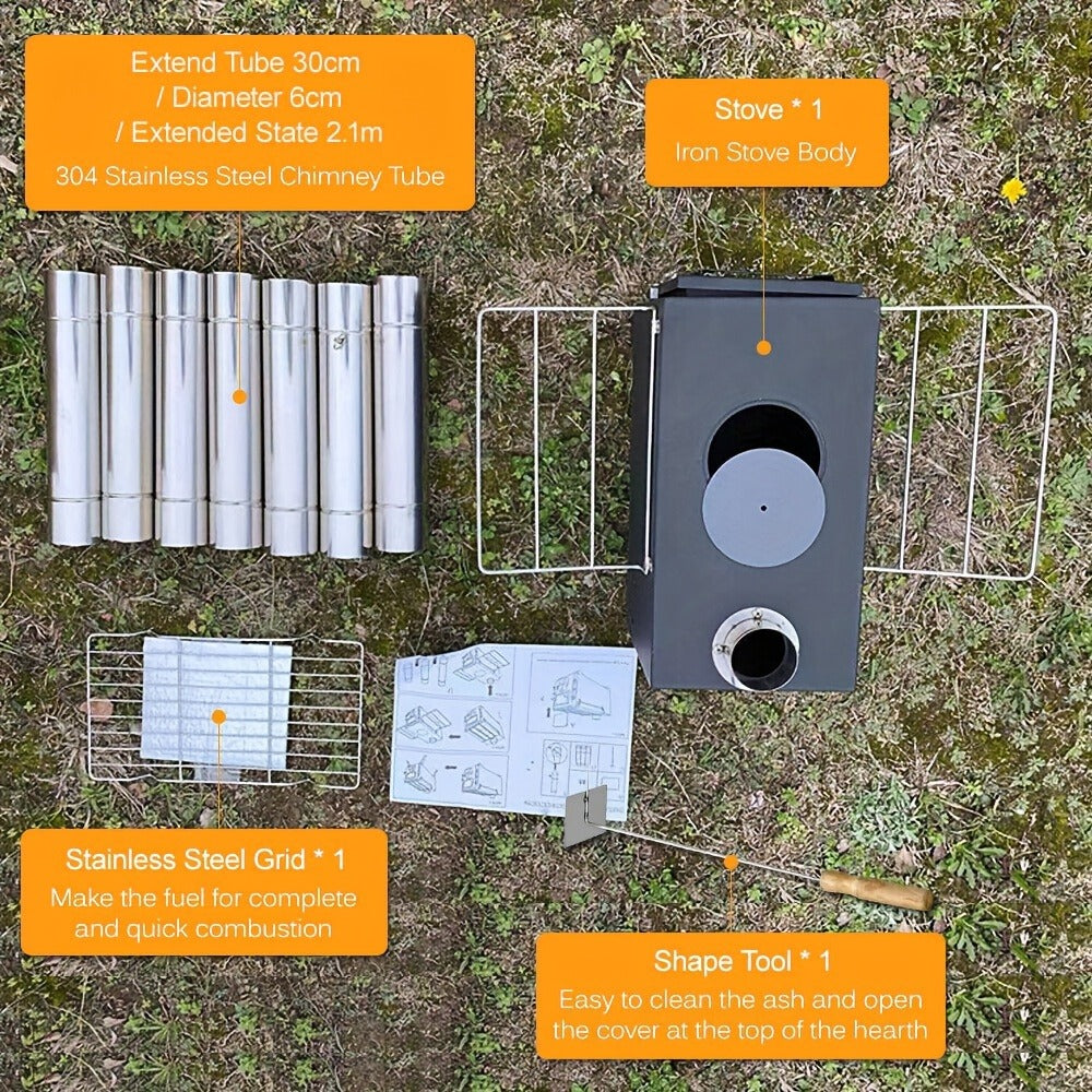 Wood Burning Camp Stove with Chimney Pipe Portable Outdoor Camping Stove for Cooking, BBQ, Boiling Water & Heating, Stainless Steel Hot Tent Stove with Folding Rack, Ash Hook & Accessories Included