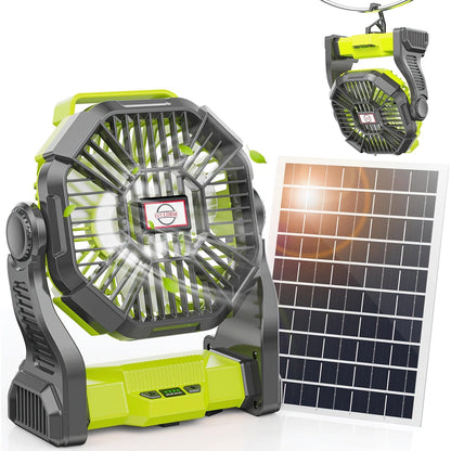 Camping Fan Rechargeable 20000mAh with Misting Solar Panel RGB Mood Light 4-Speed Tent Hook Phone Charging Portable Outdoor Fan