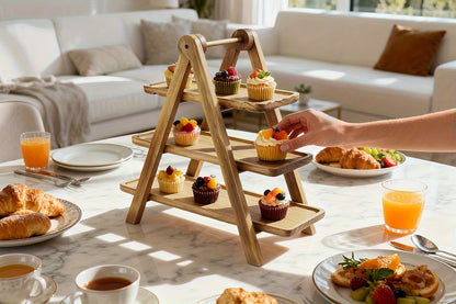 Cake Stand 3 Tier Wooden Serving Tray Farmhouse Dessert Display Cupcake Tower Bread Basket Collapsible Tiered Platter for Wedding Party Charcuterie