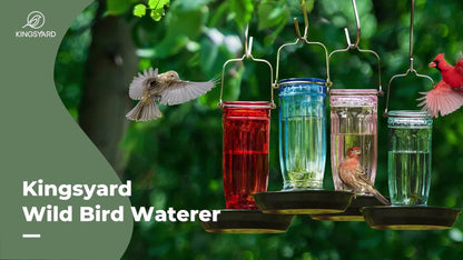 Bird Waterer Outdoor Hanging Glass Wild Bird Water Dispenser with Metal Handle - Gravity Fed Garden Yard Patio Tree Bird Feeder for Cardinals Blue Jays Finches Sparrows Bird Lover Gift